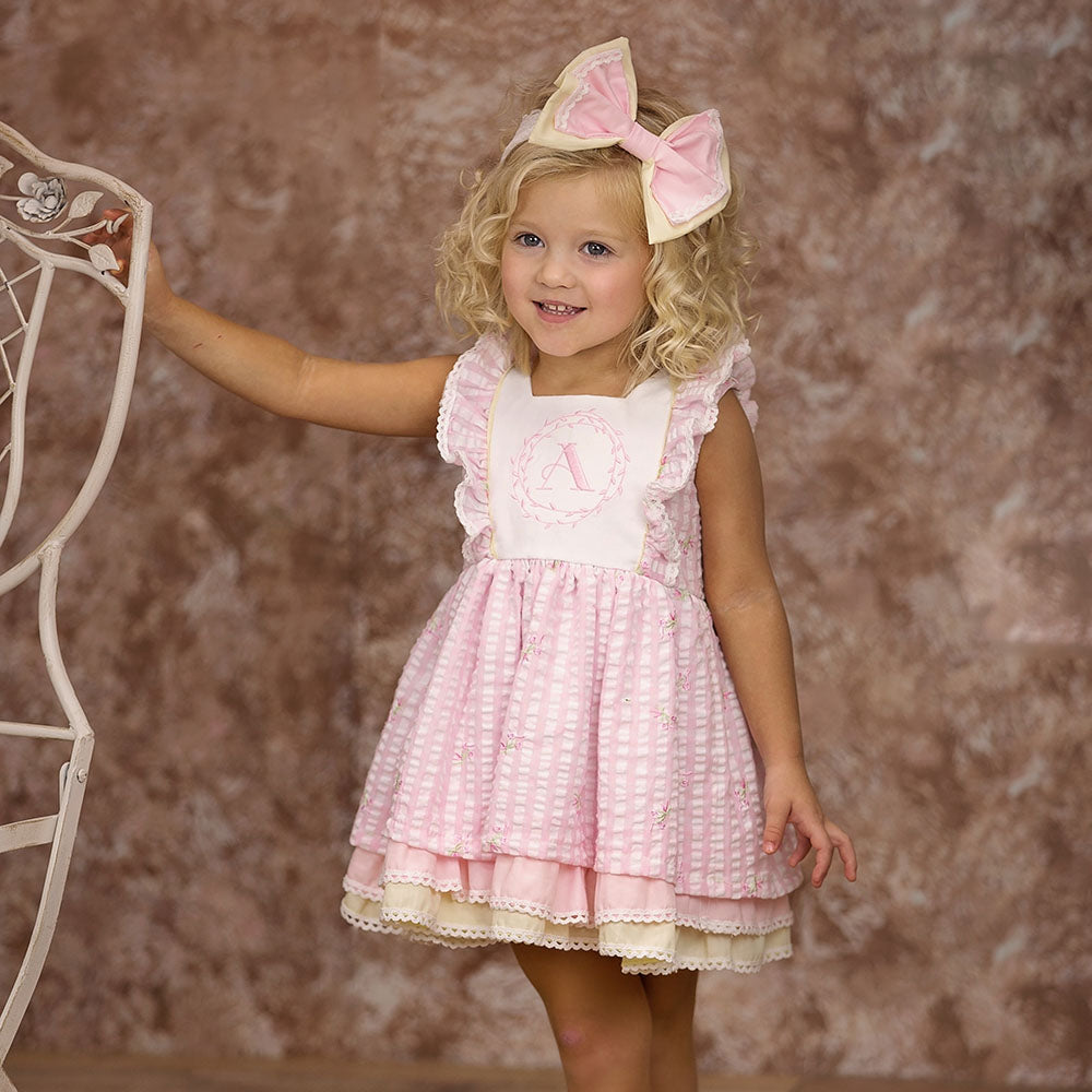 Cutie Pie Girls Embroidery Seersucker Dress in Pink